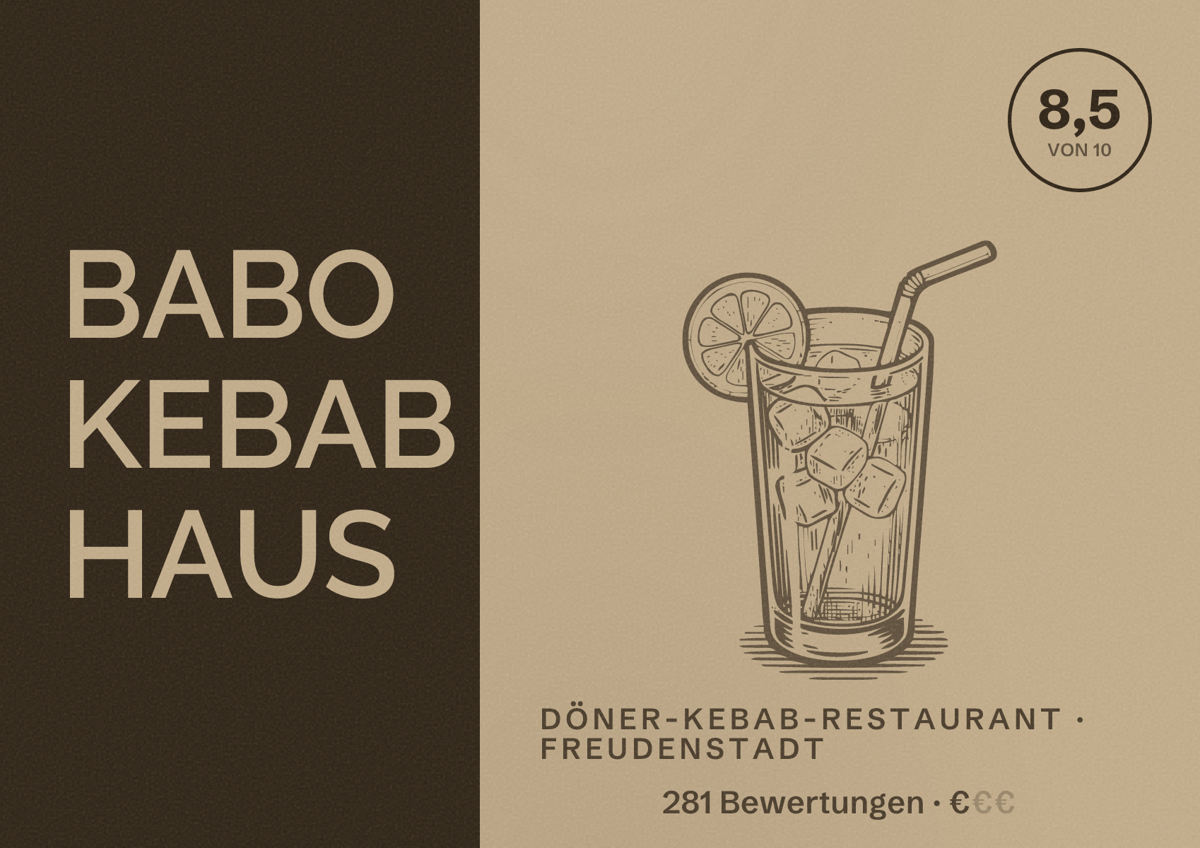 Illustriertes Poster von BABO KEBAB HAUS, Döner-Kebab-Restaurant in Freudenstadt: Bewertung 8,5 von 10 aus 281 Bewertungen, Preisniveau €