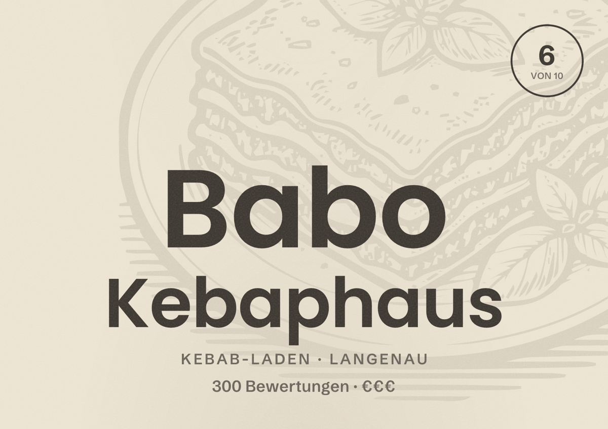 Illustriertes Poster von Babo Kebaphaus, Kebab-Laden in Langenau: Bewertung 6 von 10 aus 300 Bewertungen, Preisniveau €€€
