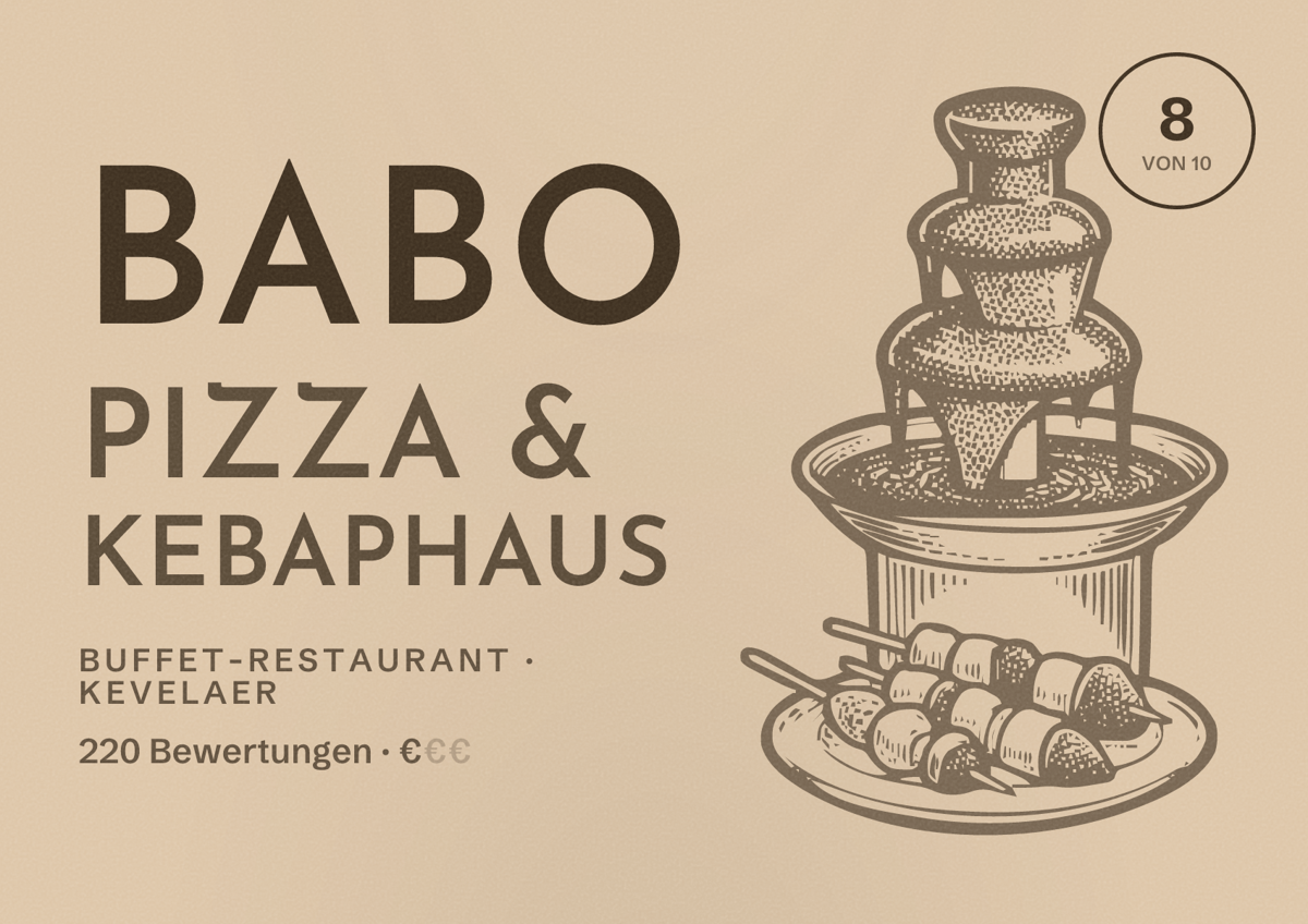 Illustriertes Poster von Babo Pizza & Kebaphaus, Buffet-Restaurant in Kevelaer: Bewertung 8 von 10 aus 220 Bewertungen, Preisniveau €