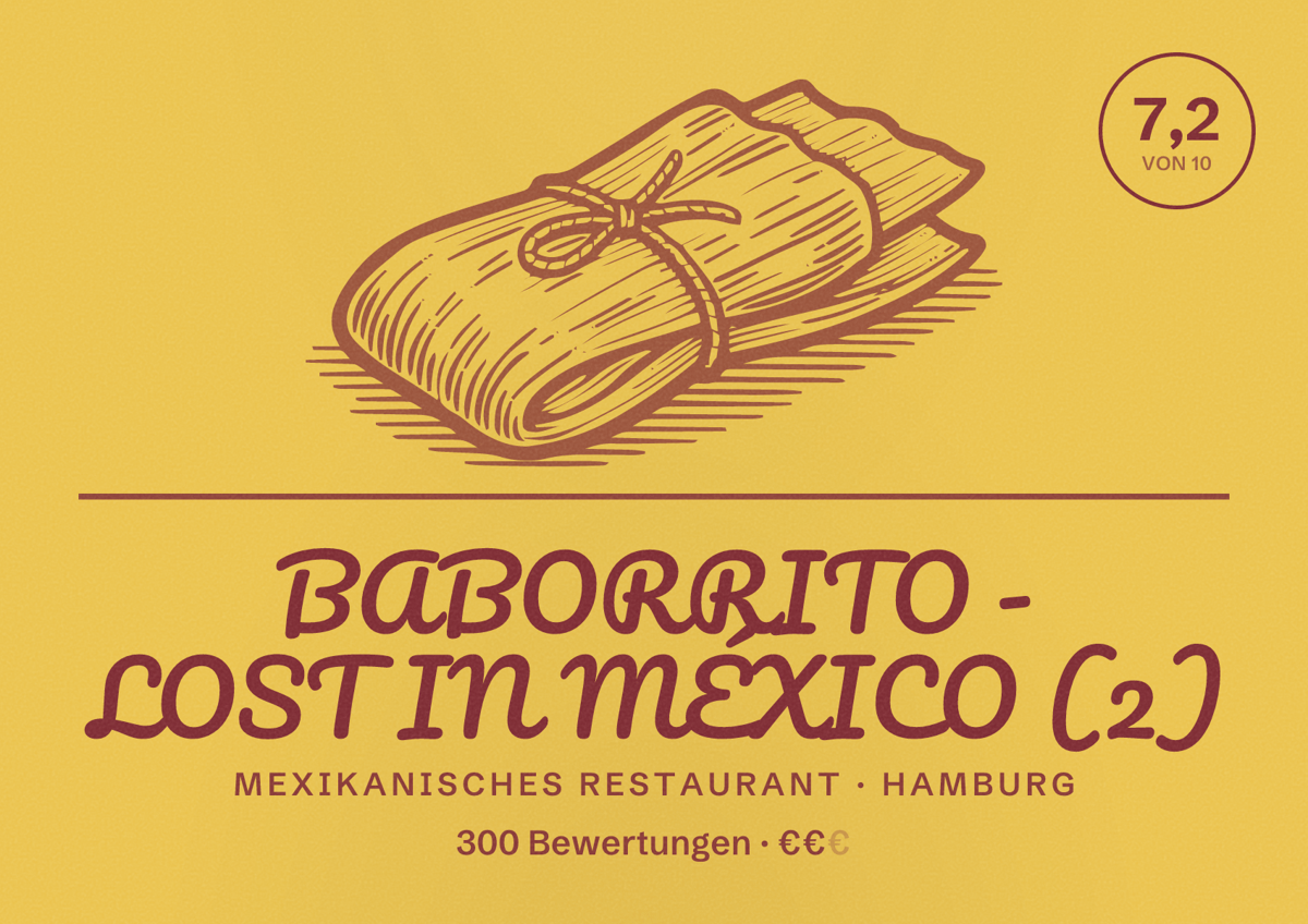 Illustriertes Poster von BABORRITO - LOST IN MÉXICO (2), Mexikanisches Restaurant in Hamburg: Bewertung 7,2 von 10 aus 300 Bewertungen, Preisniveau €€
