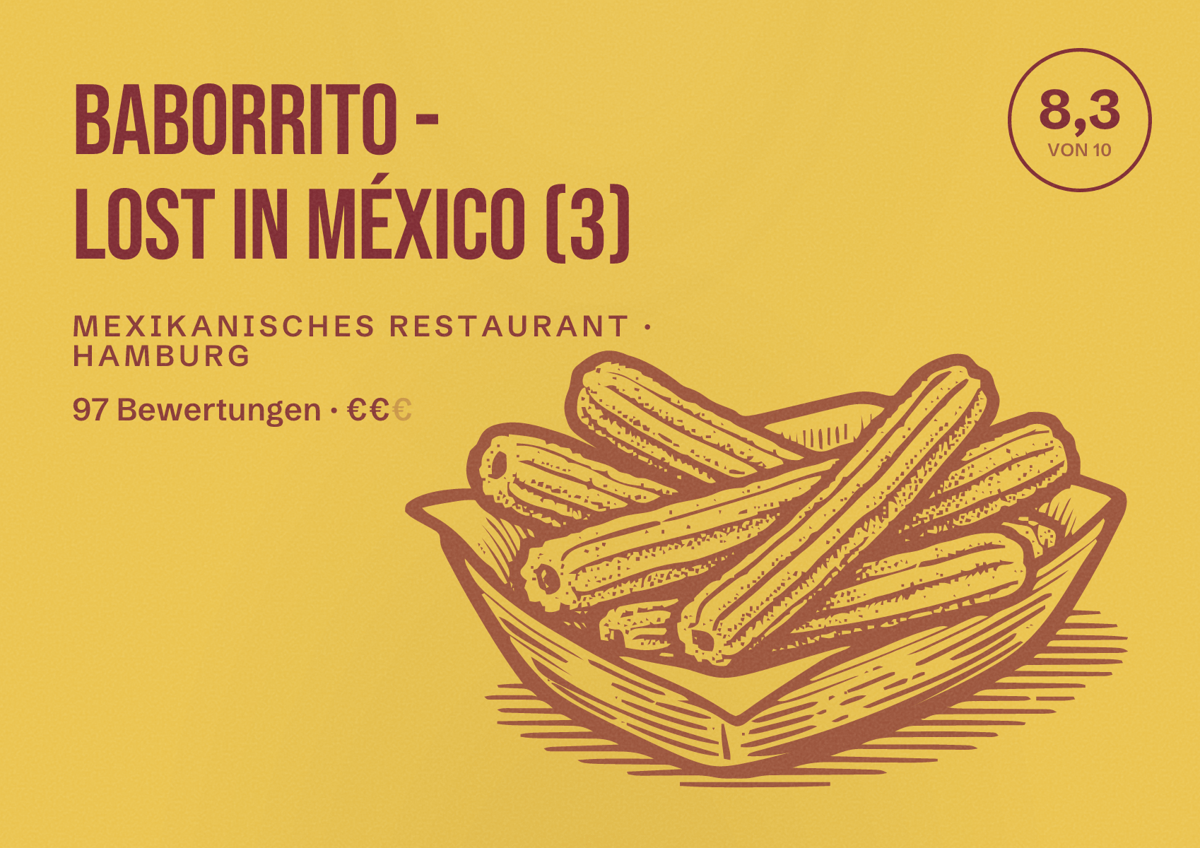 Illustriertes Poster von BABORRITO - LOST IN MÉXICO (3), Mexikanisches Restaurant in Hamburg: Bewertung 8,3 von 10 aus 97 Bewertungen, Preisniveau €€