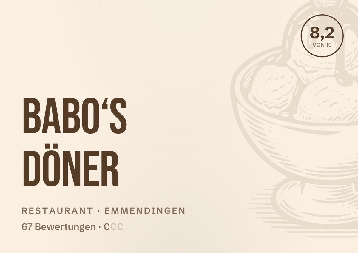 Illustriertes Poster von Babo‘s Döner, Restaurant in Emmendingen: Bewertung 8,2 von 10 aus 67 Bewertungen, Preisniveau €