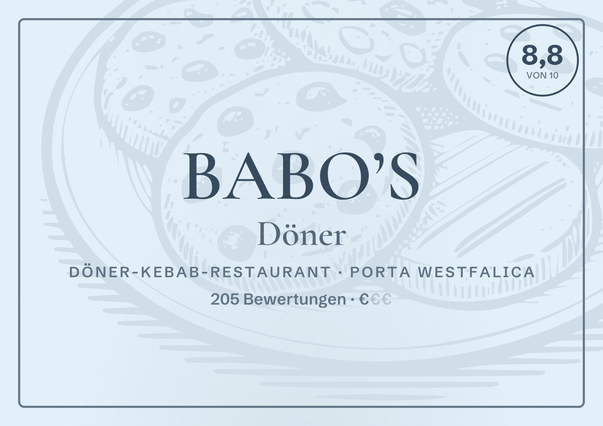 Illustriertes Poster von BABO’S Döner, Döner-Kebab-Restaurant in Porta Westfalica: Bewertung 8,8 von 10 aus 205 Bewertungen, Preisniveau €