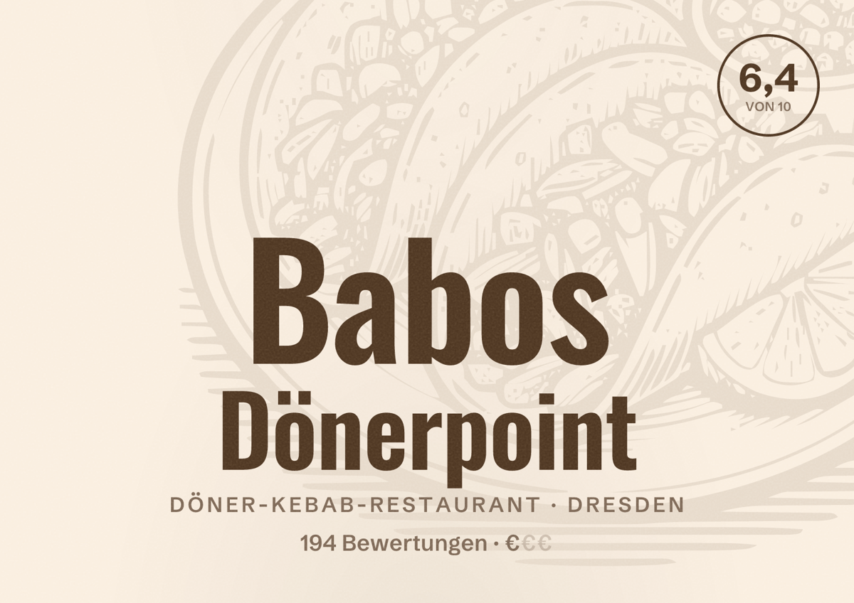 Illustriertes Poster von Babos Dönerpoint, Döner-Kebab-Restaurant in Dresden: Bewertung 6,4 von 10 aus 194 Bewertungen, Preisniveau €