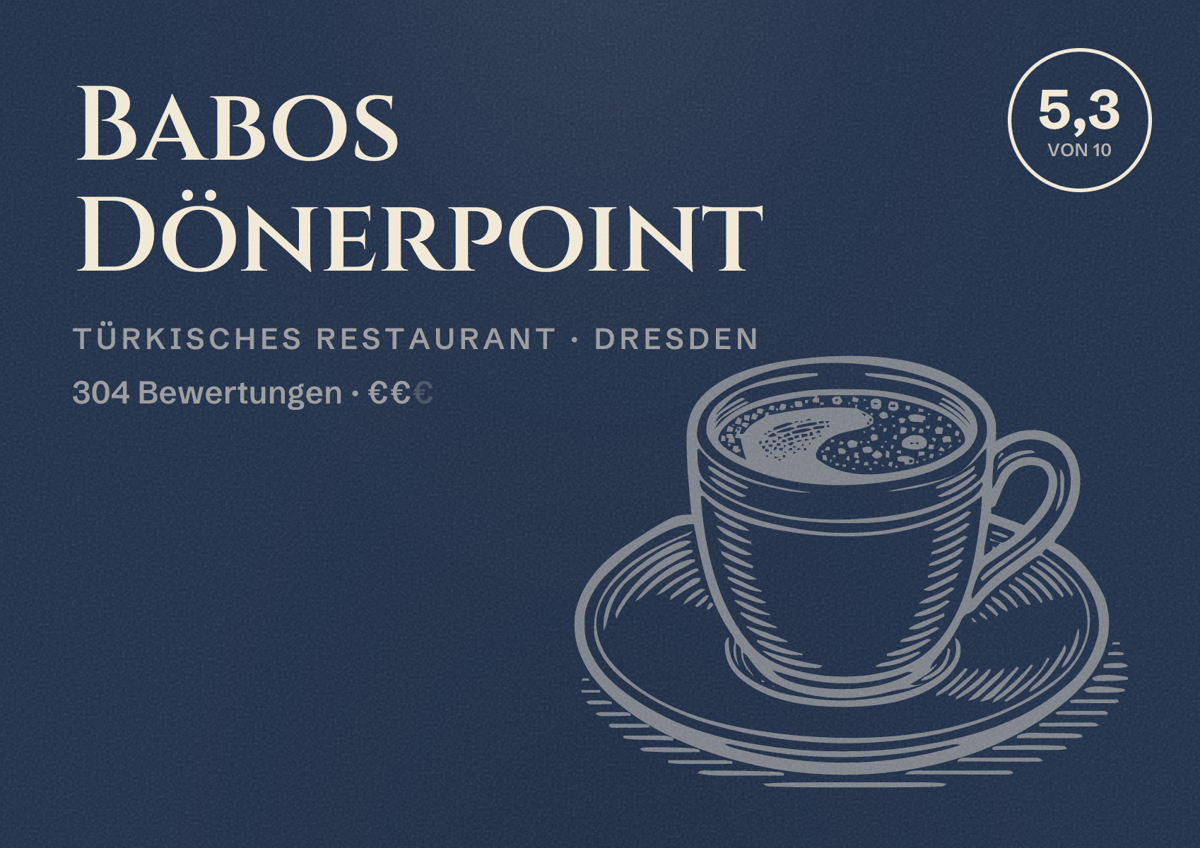 Illustriertes Poster von Babos Dönerpoint, Türkisches Restaurant in Dresden: Bewertung 5,3 von 10 aus 304 Bewertungen, Preisniveau €€