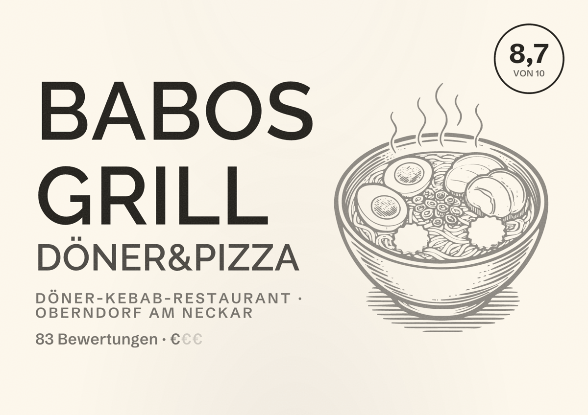 Illustriertes Poster von Babos Grill Döner&Pizza, Döner-Kebab-Restaurant in Oberndorf am Neckar: Bewertung 8,7 von 10 aus 83 Bewertungen, Preisniveau €