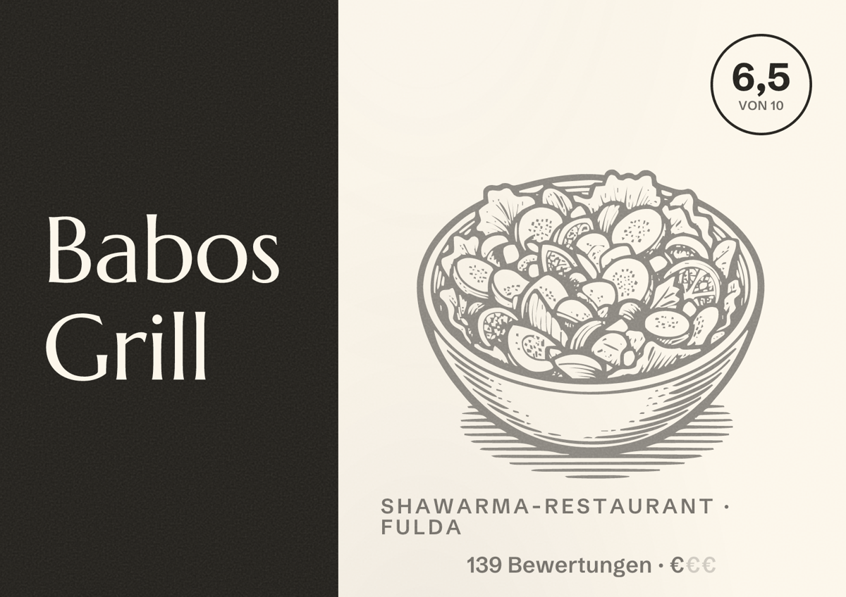 Illustriertes Poster von Babos Grill, Shawarma-Restaurant in Fulda: Bewertung 6,5 von 10 aus 139 Bewertungen, Preisniveau €