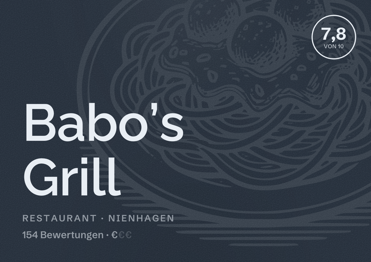 Illustriertes Poster von Babo’s Grill, Restaurant in Nienhagen: Bewertung 7,8 von 10 aus 154 Bewertungen, Preisniveau €