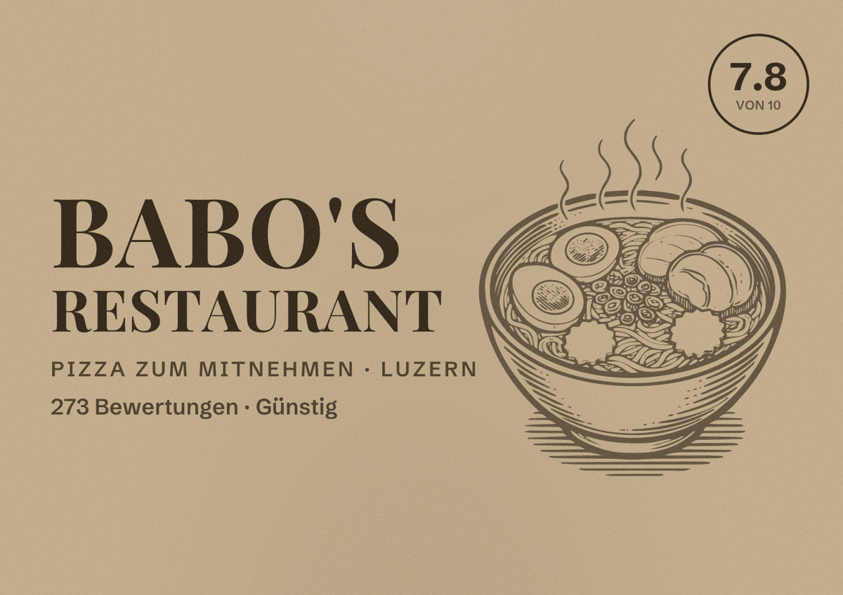 Illustriertes Poster von BABO'S Restaurant, Pizza zum Mitnehmen in Luzern: Bewertung 7.8 von 10 aus 273 Bewertungen, Preisniveau Günstig