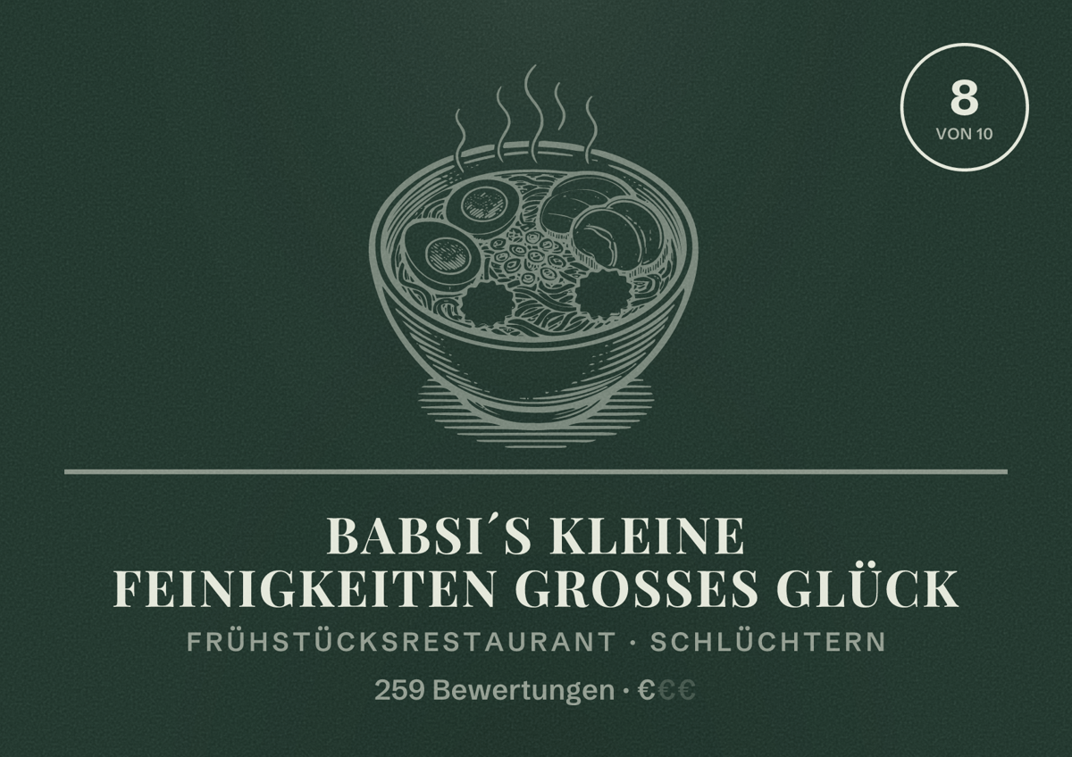 Illustriertes Poster von BABSI´s Kleine Feinigkeiten Großes Glück, Frühstücksrestaurant in Schlüchtern: Bewertung 8 von 10 aus 259 Bewertungen, Preisniveau €