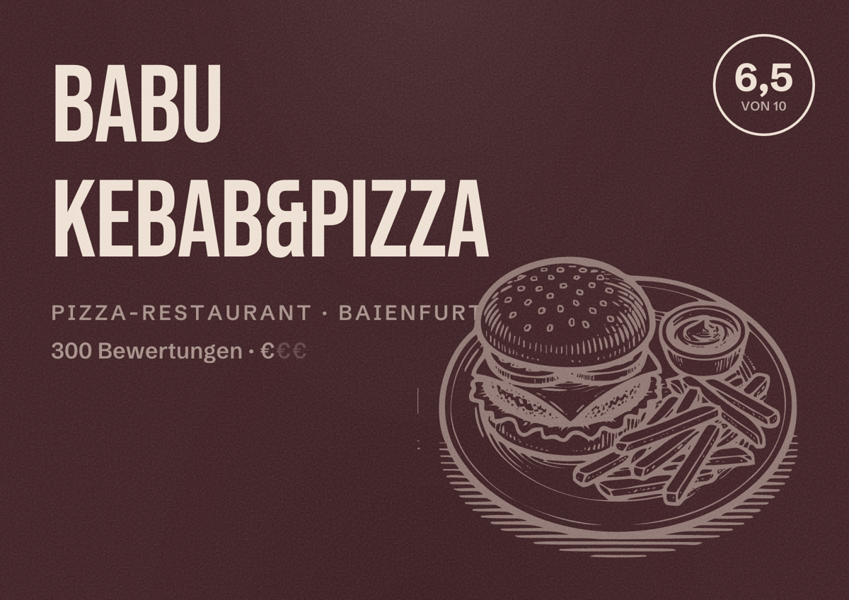 Illustriertes Poster von Babu Kebab&Pizza, Pizza-Restaurant in Baienfurt: Bewertung 6,5 von 10 aus 300 Bewertungen, Preisniveau €