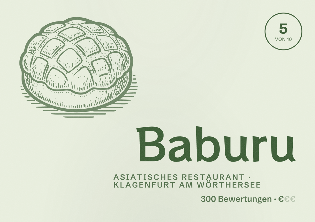Illustriertes Poster von Baburu, Asiatisches Restaurant in Klagenfurt am Wörthersee: Bewertung 5 von 10 aus 300 Bewertungen, Preisniveau €