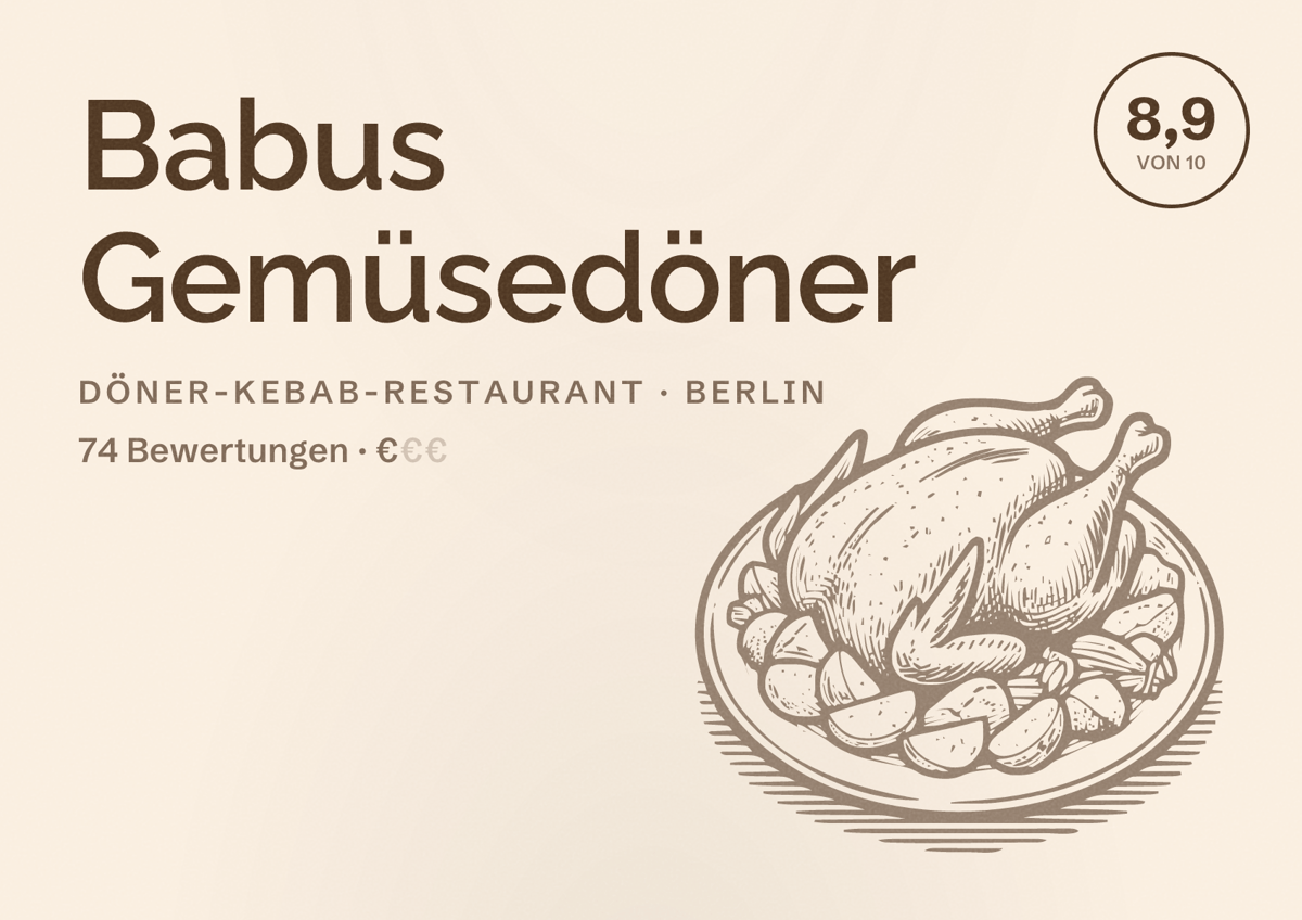 Illustriertes Poster von Babus Gemüsedöner, Döner-Kebab-Restaurant in Berlin: Bewertung 8,9 von 10 aus 74 Bewertungen, Preisniveau €