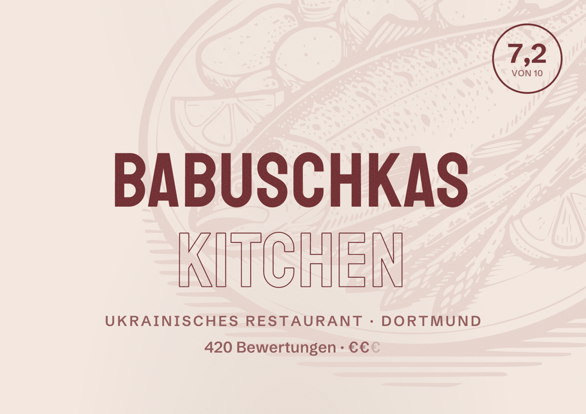 Illustriertes Poster von Babuschkas Kitchen, Ukrainisches Restaurant in Dortmund: Bewertung 7,2 von 10 aus 420 Bewertungen, Preisniveau €€