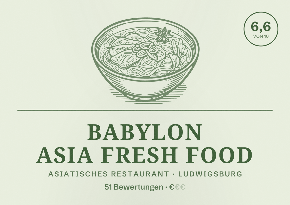 Illustriertes Poster von Babylon Asia fresh food, Asiatisches Restaurant in Ludwigsburg: Bewertung 6,6 von 10 aus 51 Bewertungen, Preisniveau €