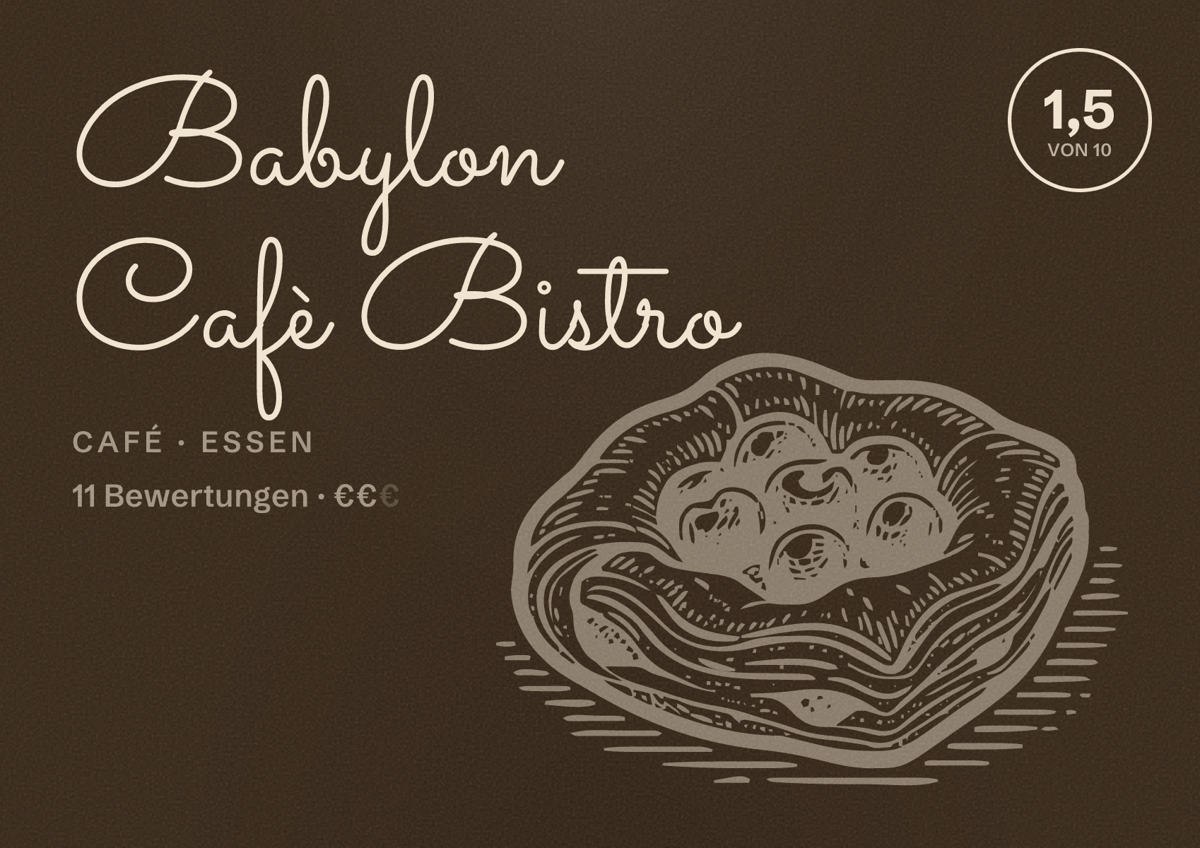 Illustriertes Poster von Babylon Cafè Bistro, Café in Essen: Bewertung 1,5 von 10 aus 11 Bewertungen, Preisniveau €€