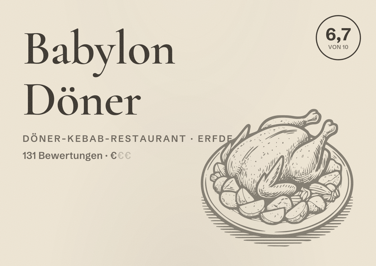 Illustriertes Poster von Babylon Döner, Döner-Kebab-Restaurant in Erfde: Bewertung 6,7 von 10 aus 131 Bewertungen, Preisniveau €