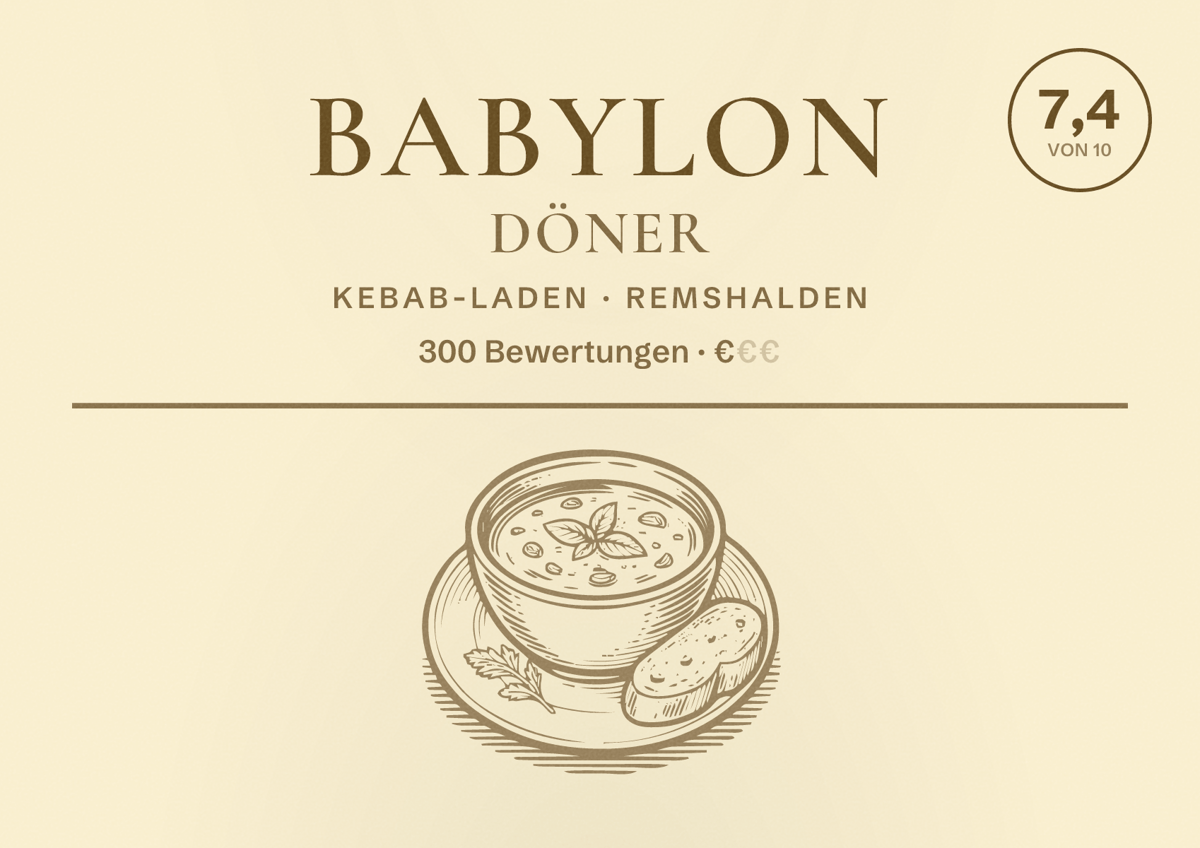 Illustriertes Poster von Babylon Döner, Kebab-Laden in Remshalden: Bewertung 7,4 von 10 aus 300 Bewertungen, Preisniveau €