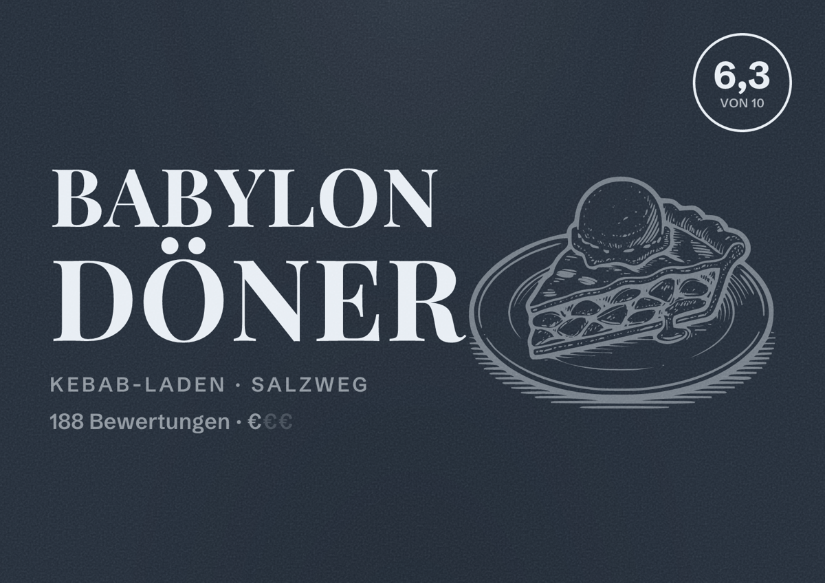 Illustriertes Poster von Babylon Döner, Kebab-Laden in Salzweg: Bewertung 6,3 von 10 aus 188 Bewertungen, Preisniveau €