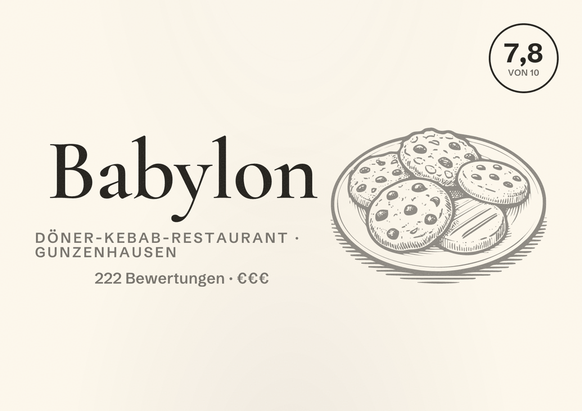 Illustriertes Poster von Babylon, Döner-Kebab-Restaurant in Gunzenhausen: Bewertung 7,8 von 10 aus 222 Bewertungen, Preisniveau €€€
