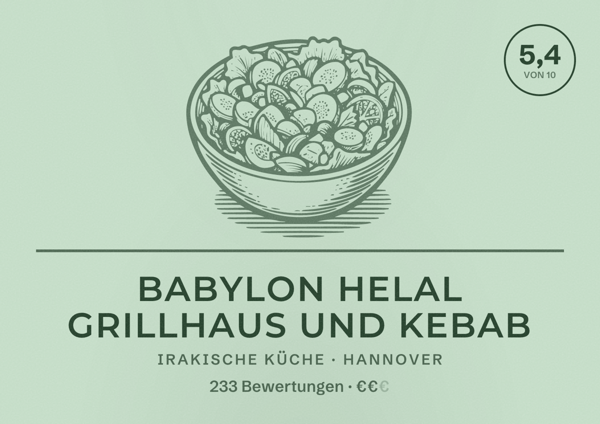 Illustriertes Poster von Babylon Helal Grillhaus und Kebab, Irakische Küche in Hannover: Bewertung 5,4 von 10 aus 233 Bewertungen, Preisniveau €€