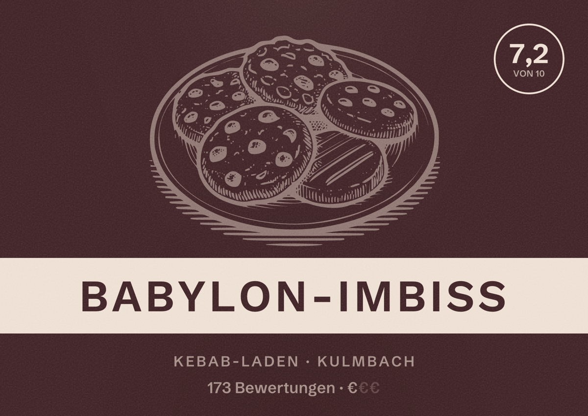 Illustriertes Poster von Babylon-Imbiss, Kebab-Laden in Kulmbach: Bewertung 7,2 von 10 aus 173 Bewertungen, Preisniveau €