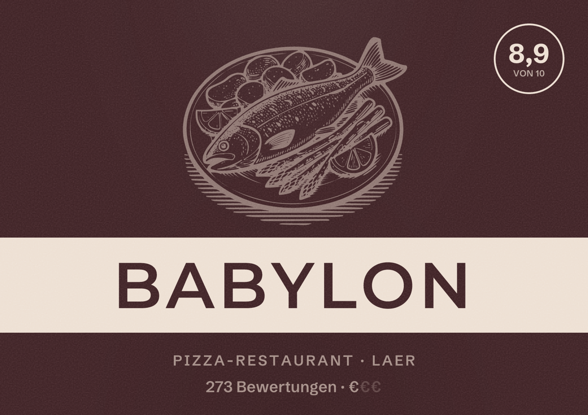 Illustriertes Poster von Babylon, Pizza-Restaurant in Laer: Bewertung 8,9 von 10 aus 273 Bewertungen, Preisniveau €