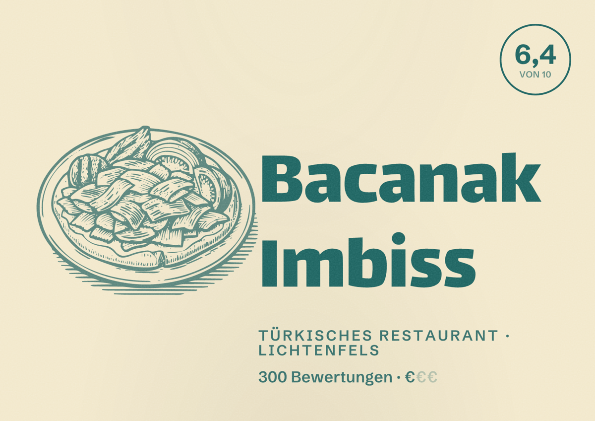 Illustriertes Poster von Bacanak Imbiss, Türkisches Restaurant in Lichtenfels: Bewertung 6,4 von 10 aus 300 Bewertungen, Preisniveau €