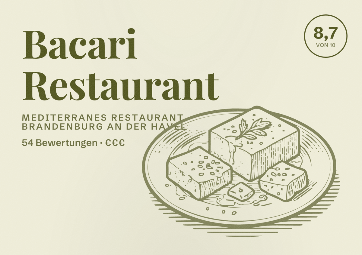 Illustriertes Poster von Bacari Restaurant, Mediterranes Restaurant in Brandenburg an der Havel: Bewertung 8,7 von 10 aus 54 Bewertungen, Preisniveau €€€