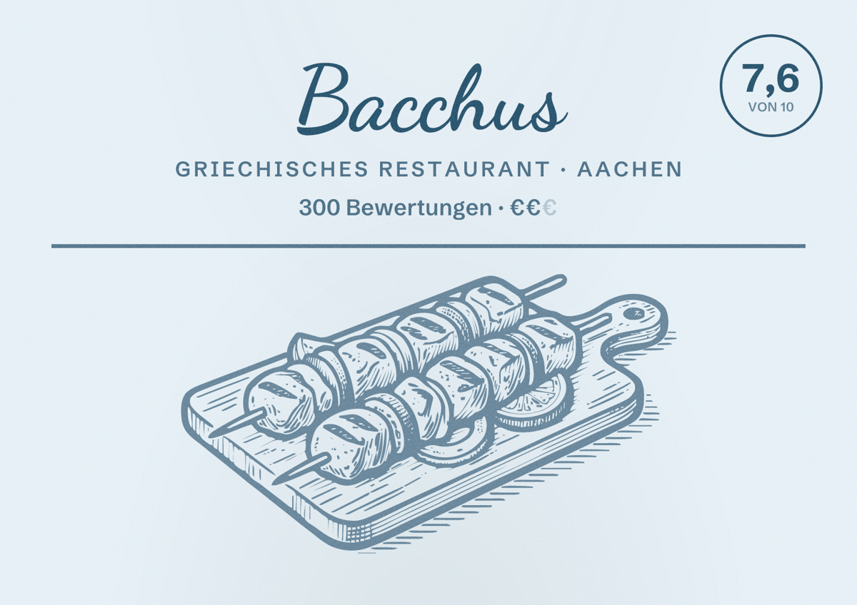 Illustriertes Poster von Bacchus, Griechisches Restaurant in Aachen: Bewertung 7,6 von 10 aus 300 Bewertungen, Preisniveau €€