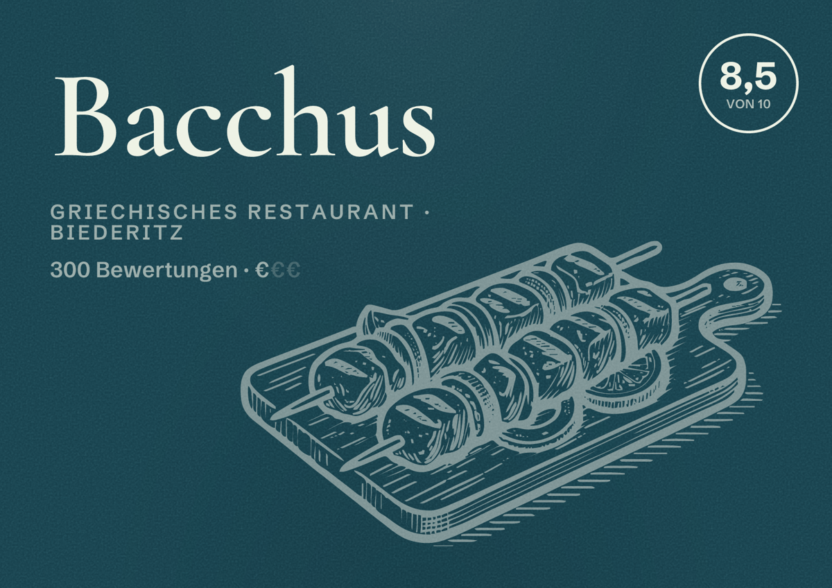 Illustriertes Poster von Bacchus, Griechisches Restaurant in Biederitz: Bewertung 8,5 von 10 aus 300 Bewertungen, Preisniveau €