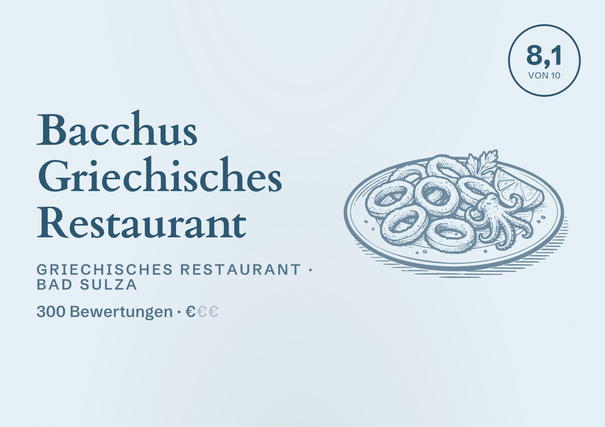 Illustriertes Poster von Bacchus Griechisches Restaurant, Griechisches Restaurant in Bad Sulza: Bewertung 8,1 von 10 aus 300 Bewertungen, Preisniveau €