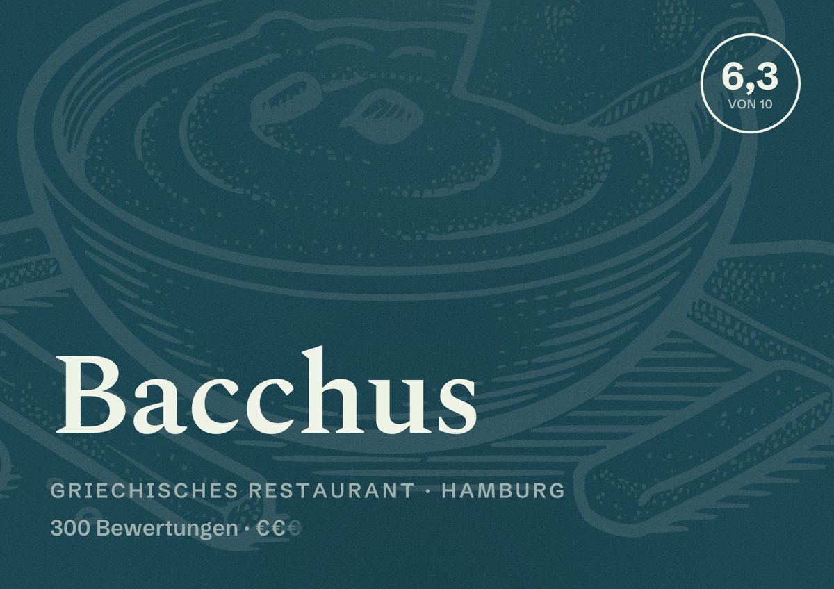 Illustriertes Poster von Bacchus, Griechisches Restaurant in Hamburg: Bewertung 6,3 von 10 aus 300 Bewertungen, Preisniveau €€