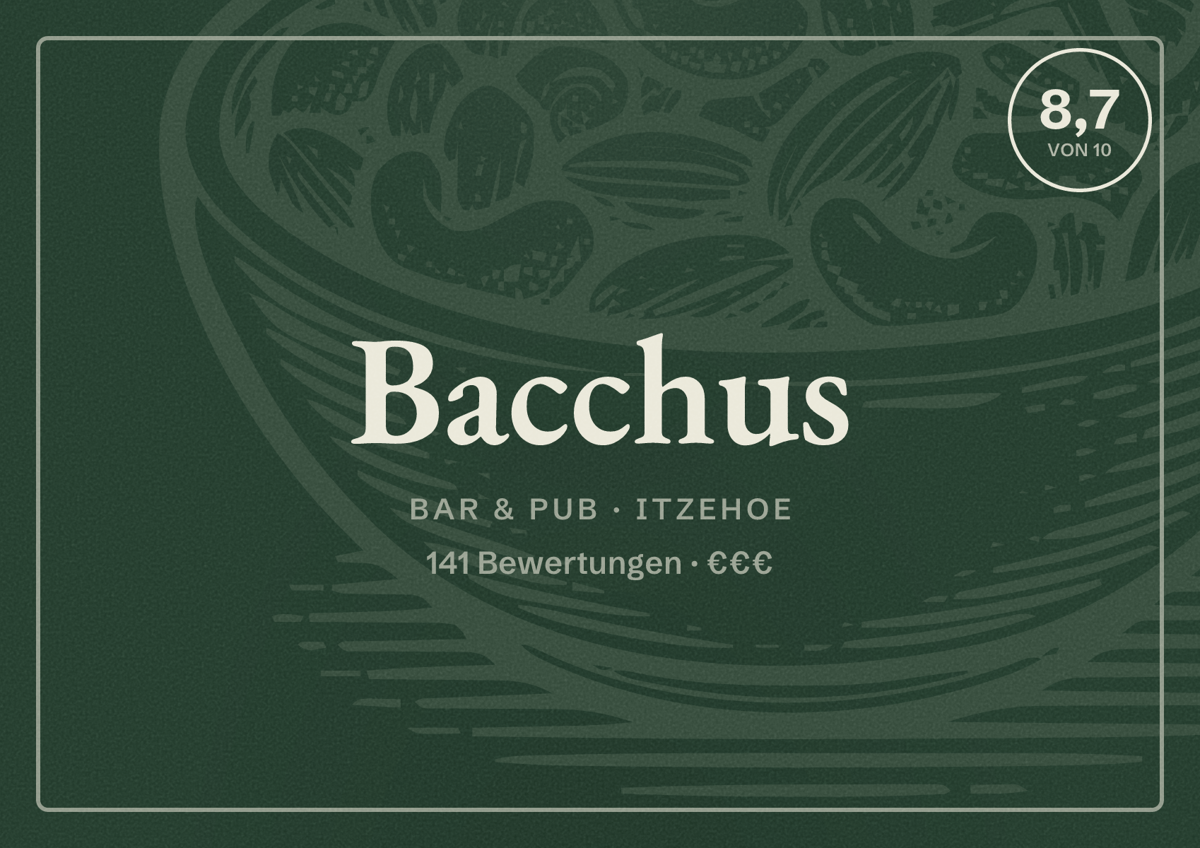 Illustriertes Poster von Bacchus, Bar & Pub in Itzehoe: Bewertung 8,7 von 10 aus 141 Bewertungen, Preisniveau €€€