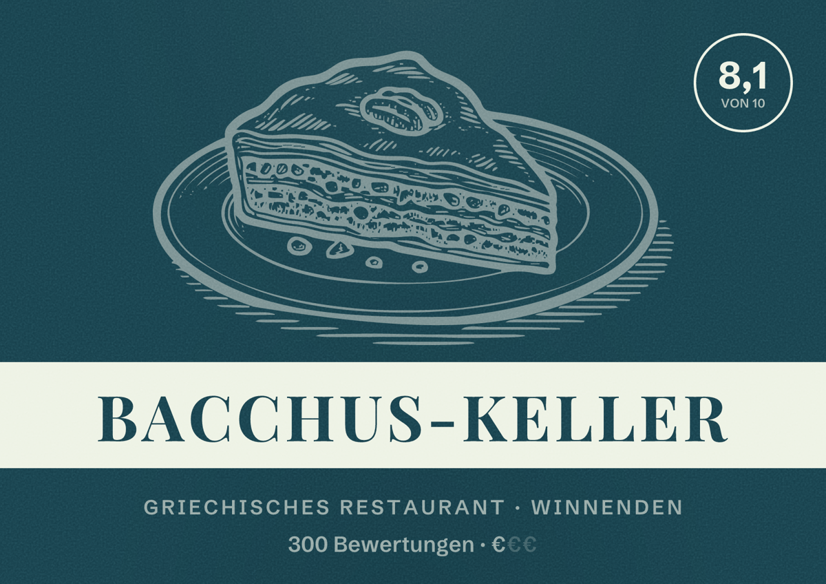 Illustriertes Poster von Bacchus-Keller, Griechisches Restaurant in Winnenden: Bewertung 8,1 von 10 aus 300 Bewertungen, Preisniveau €