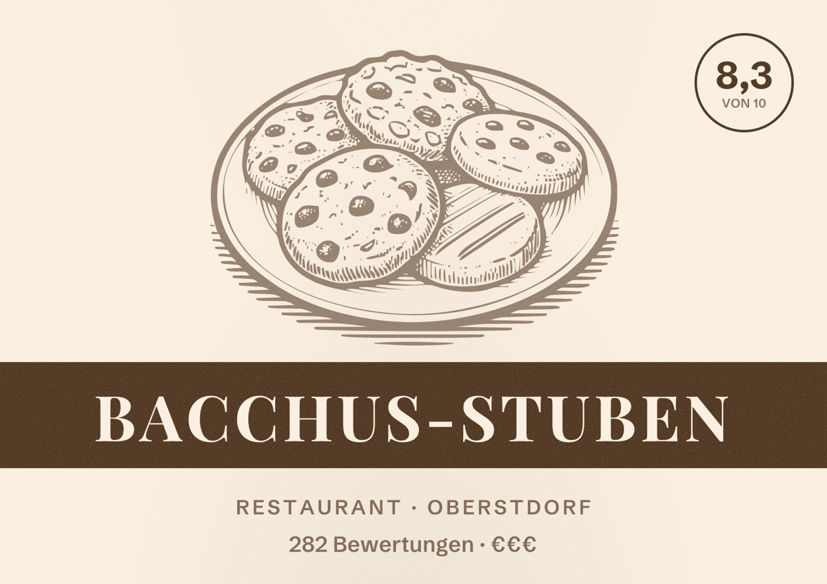 Illustriertes Poster von Bacchus-Stuben, Restaurant in Oberstdorf: Bewertung 8,3 von 10 aus 282 Bewertungen, Preisniveau €€€
