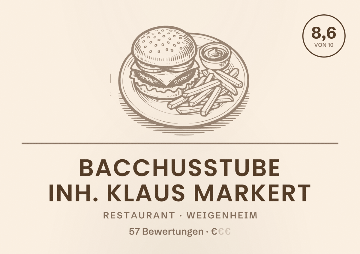 Illustriertes Poster von Bacchusstube Inh. Klaus Markert, Restaurant in Weigenheim: Bewertung 8,6 von 10 aus 57 Bewertungen, Preisniveau €