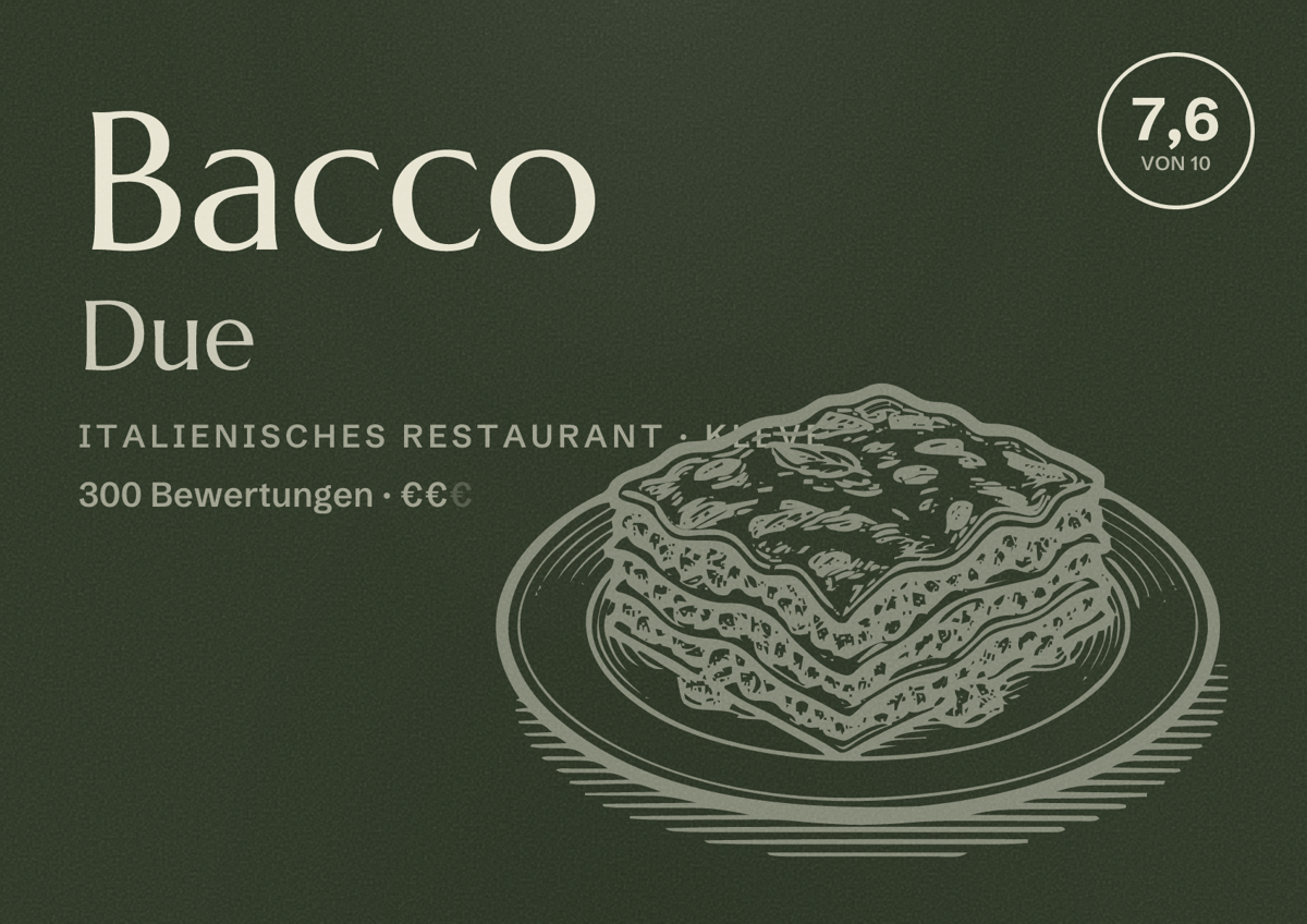 Illustriertes Poster von Bacco Due, Italienisches Restaurant in Kleve: Bewertung 7,6 von 10 aus 300 Bewertungen, Preisniveau €€