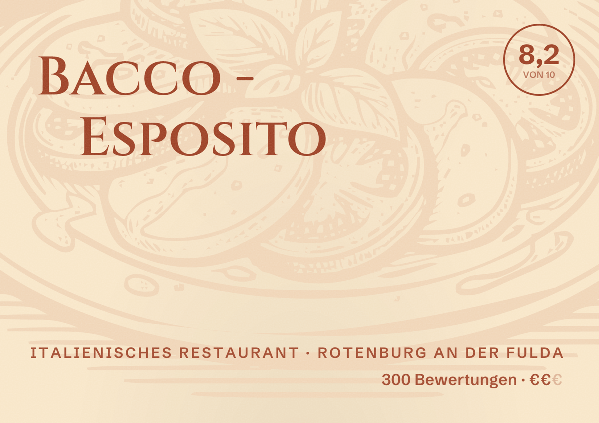 Illustriertes Poster von Bacco - Esposito, Italienisches Restaurant in Rotenburg an der Fulda: Bewertung 8,2 von 10 aus 300 Bewertungen, Preisniveau €€
