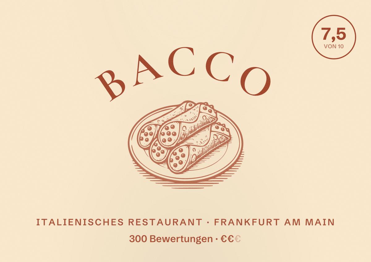 Illustriertes Poster von BACCO, Italienisches Restaurant in Frankfurt am Main: Bewertung 7,5 von 10 aus 300 Bewertungen, Preisniveau €€