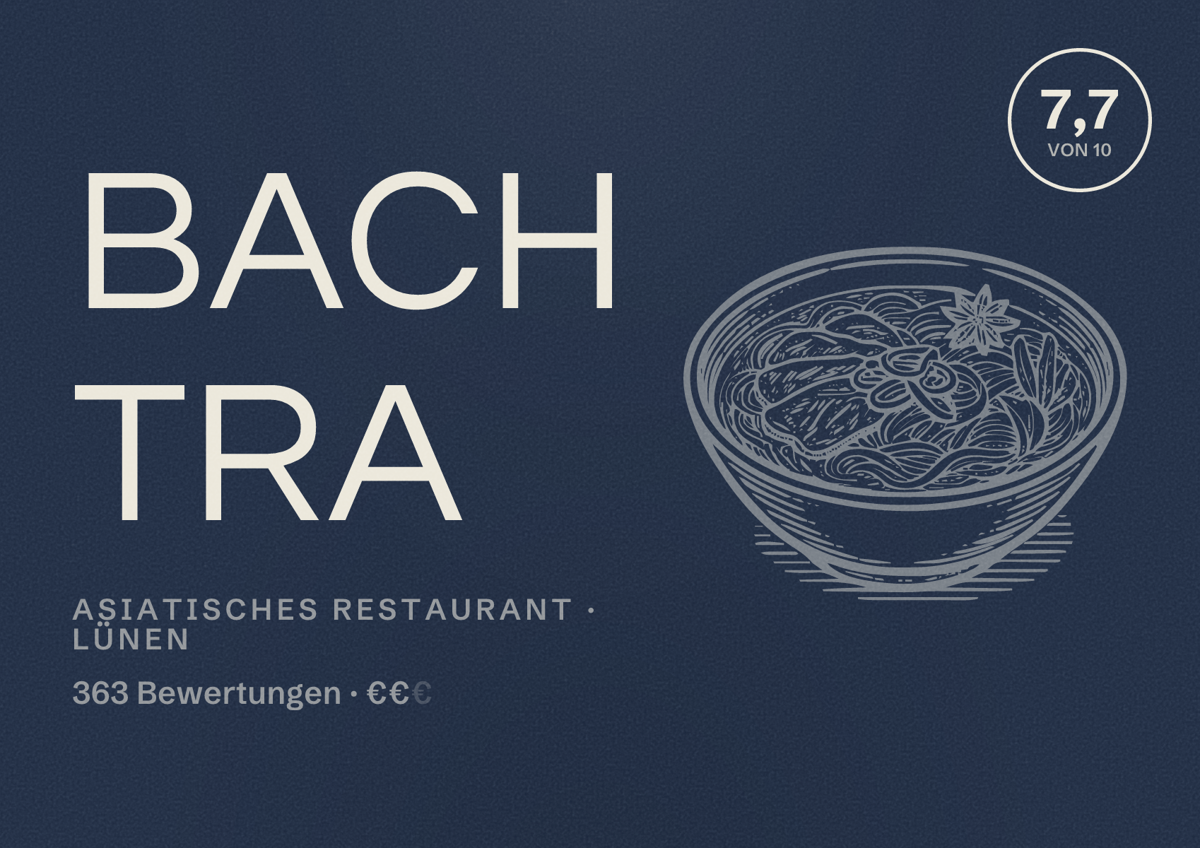 Illustriertes Poster von Bach Tra, Asiatisches Restaurant in Lünen: Bewertung 7,7 von 10 aus 363 Bewertungen, Preisniveau €€