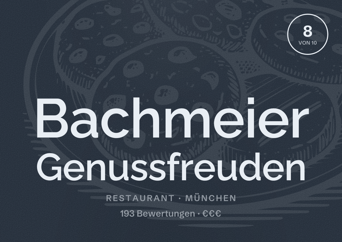 Illustriertes Poster von Bachmeier Genussfreuden, Restaurant in München: Bewertung 8,0 von 10 aus 193 Bewertungen, Preisniveau €€€