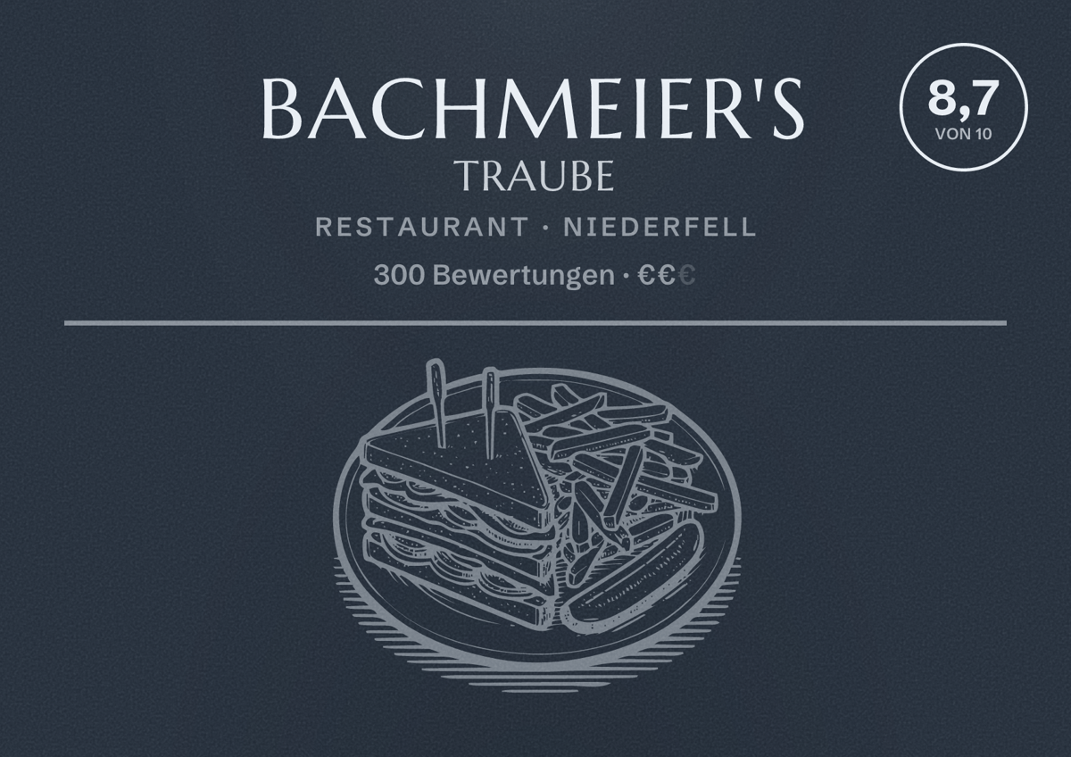 Illustriertes Poster von Bachmeier's Traube, Restaurant in Niederfell: Bewertung 8,7 von 10 aus 300 Bewertungen, Preisniveau €€