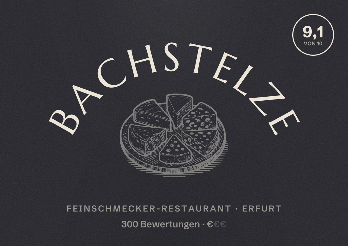 Illustriertes Poster von Bachstelze, Feinschmecker-Restaurant in Erfurt: Bewertung 9,1 von 10 aus 300 Bewertungen, Preisniveau €