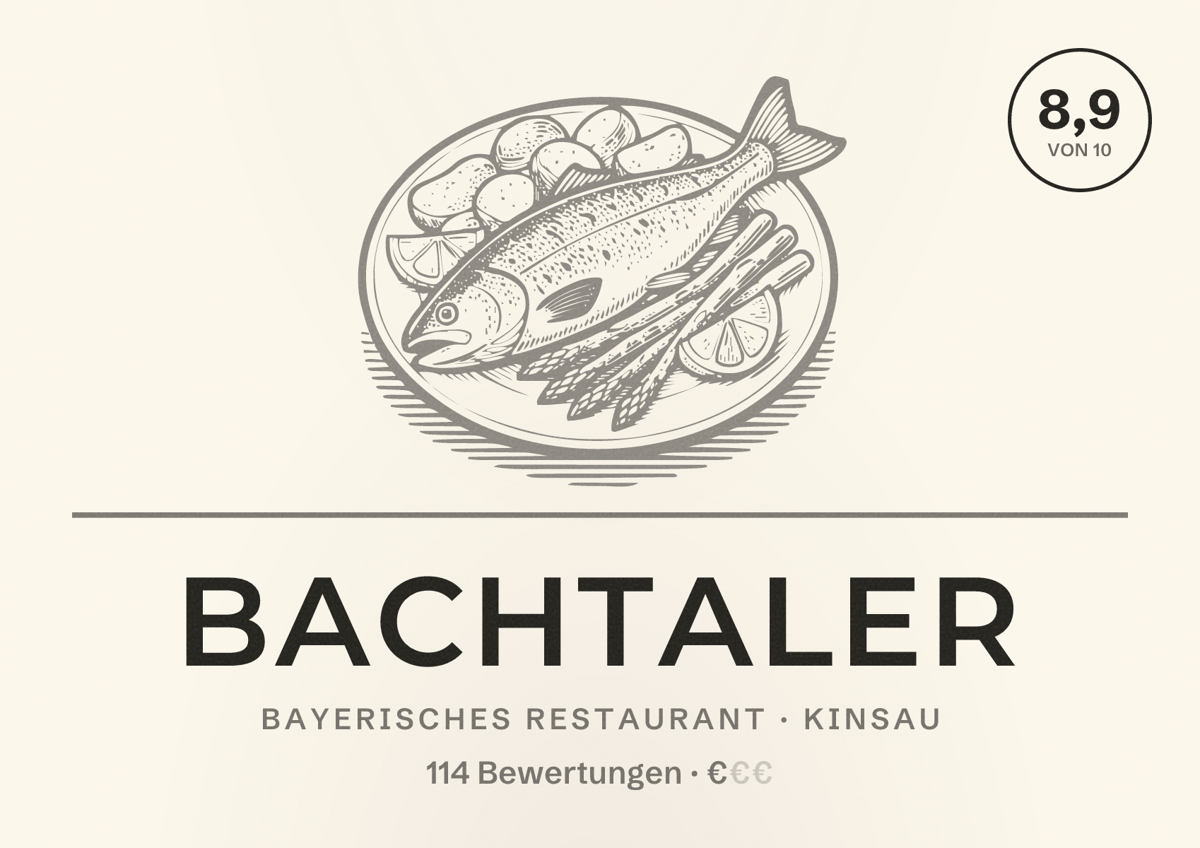 Illustriertes Poster von Bachtaler, Bayerisches Restaurant in Kinsau: Bewertung 8,9 von 10 aus 114 Bewertungen, Preisniveau €