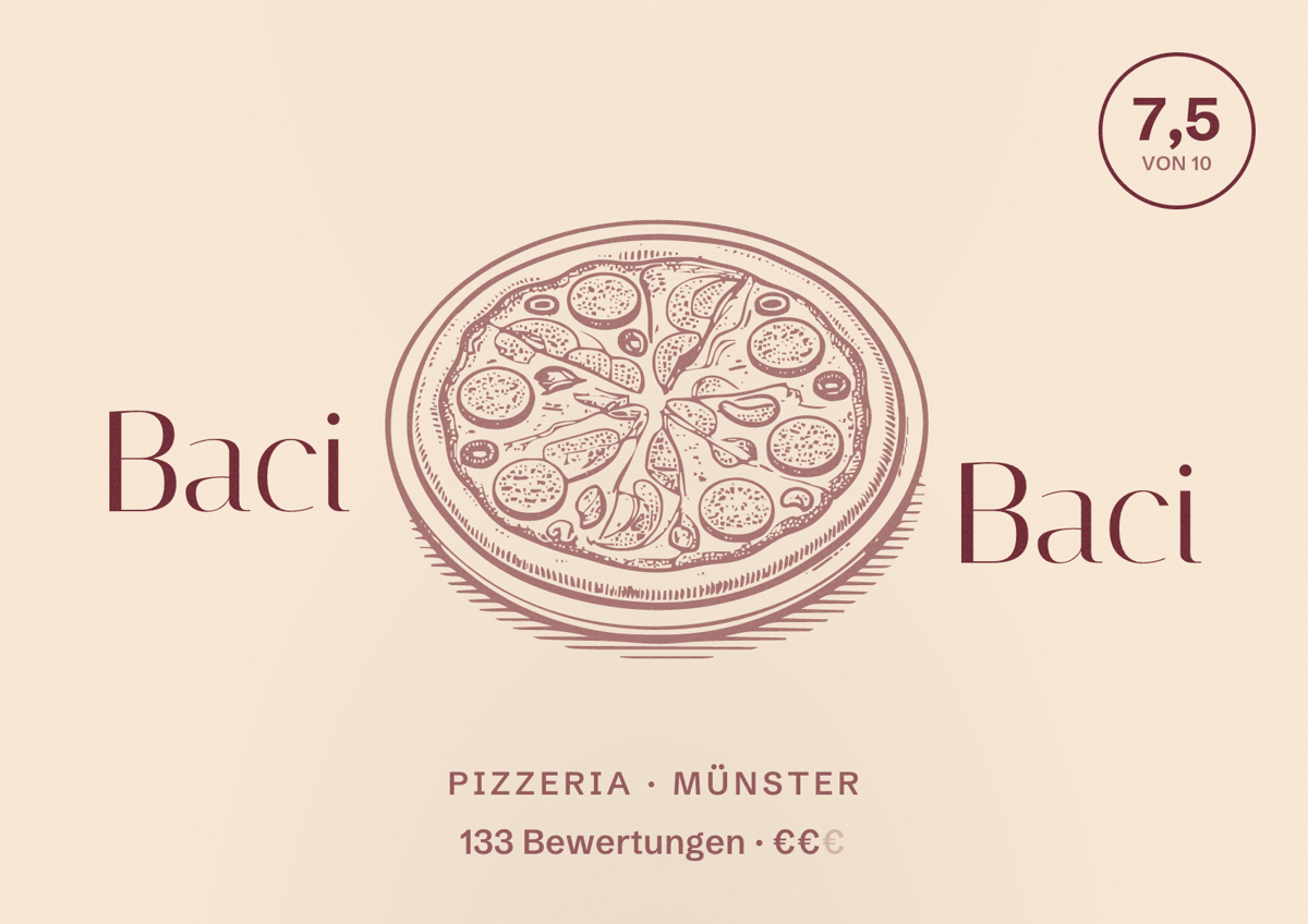 Illustriertes Poster von Baci Baci, Pizzeria in Münster: Bewertung 7,5 von 10 aus 133 Bewertungen, Preisniveau €€