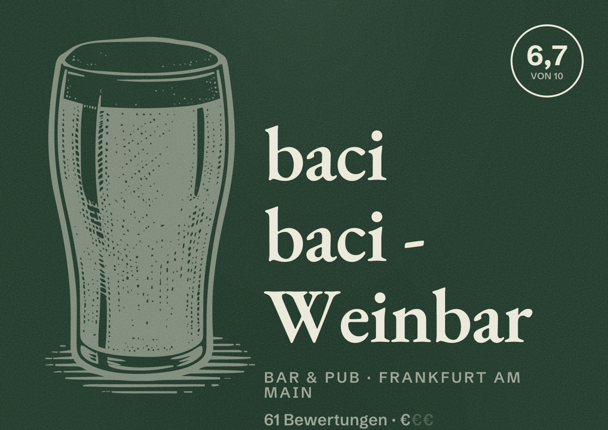 Illustriertes Poster von baci baci - Weinbar, Bar & Pub in Frankfurt am Main: Bewertung 6,7 von 10 aus 61 Bewertungen, Preisniveau €