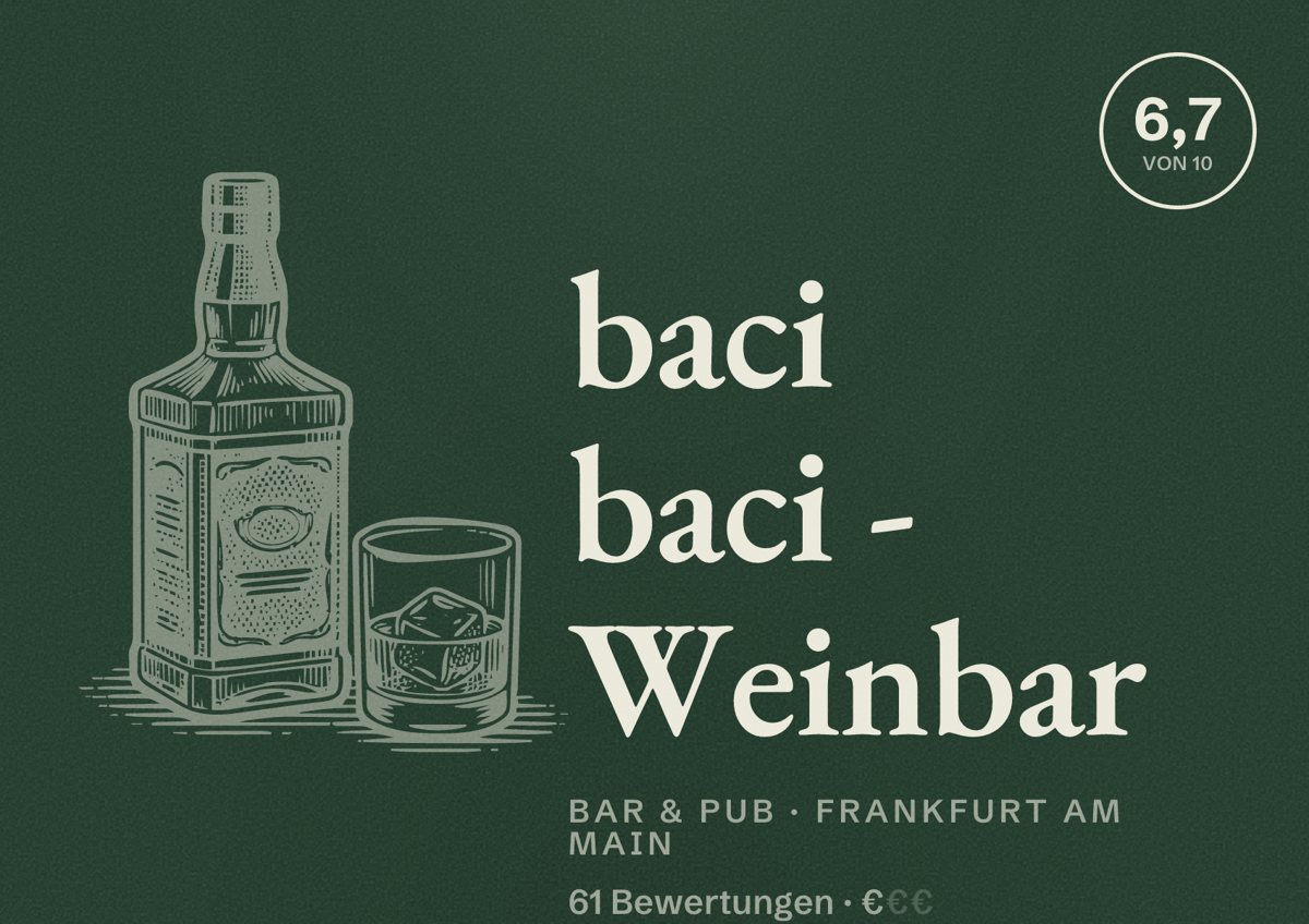 Illustriertes Poster von baci baci - Weinbar, Bar & Pub in Frankfurt am Main: Bewertung 6,7 von 10 aus 61 Bewertungen, Preisniveau €