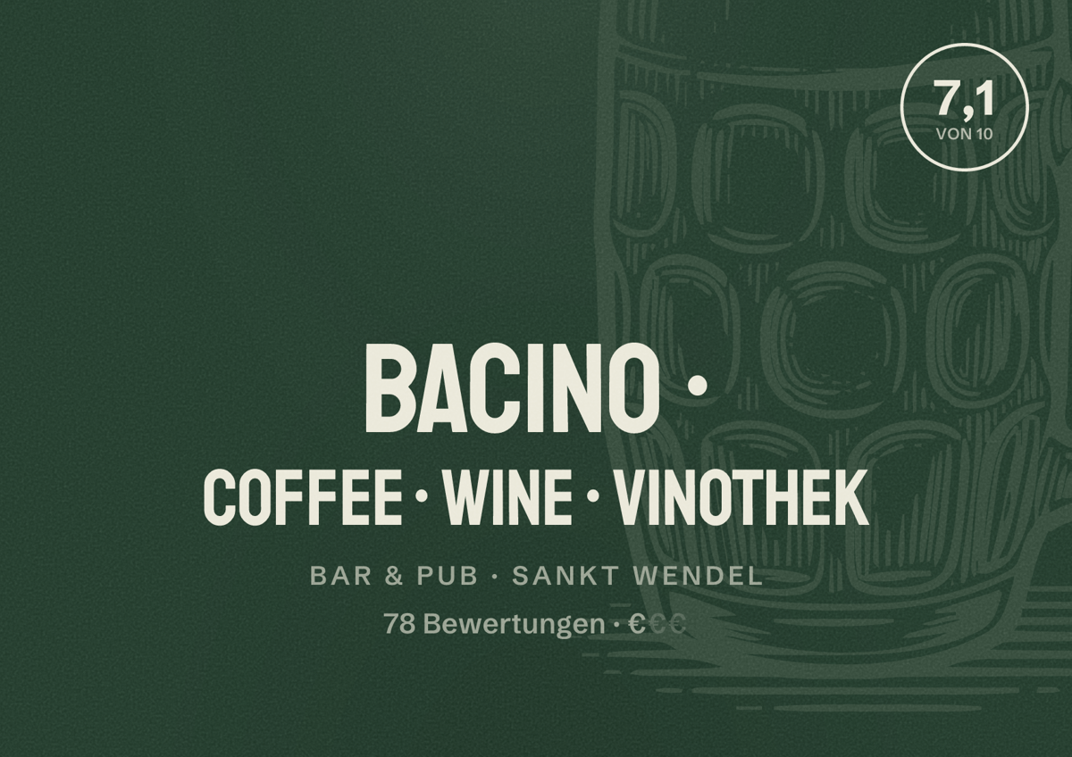 Illustriertes Poster von Bacino • Coffee • Wine • Vinothek, Bar & Pub in Sankt Wendel: Bewertung 7,1 von 10 aus 78 Bewertungen, Preisniveau €