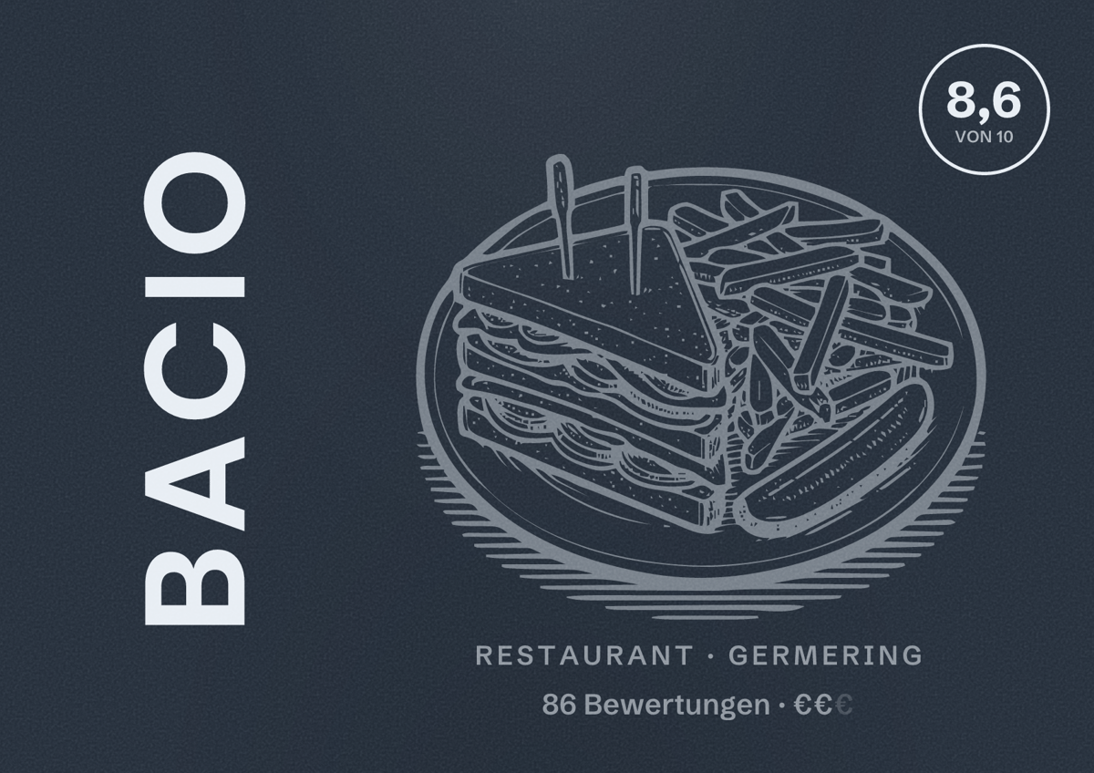 Illustriertes Poster von Bacio, Restaurant in Germering: Bewertung 8,6 von 10 aus 86 Bewertungen, Preisniveau €€